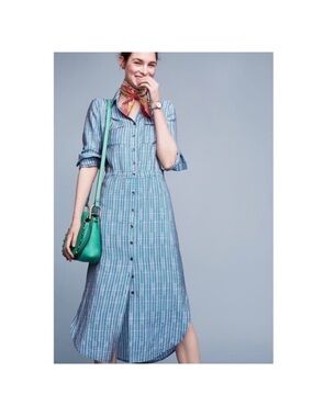 Maeve Anthropologie Jemima Shirt Dress Blue Button Front Long Sleeve size 8
